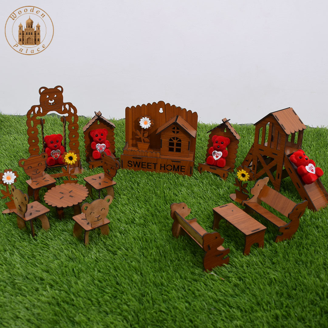 Wooden Teddy Park & Sweet Home Set | Handmade| Mini MDF Dollhouse Furniture Toy