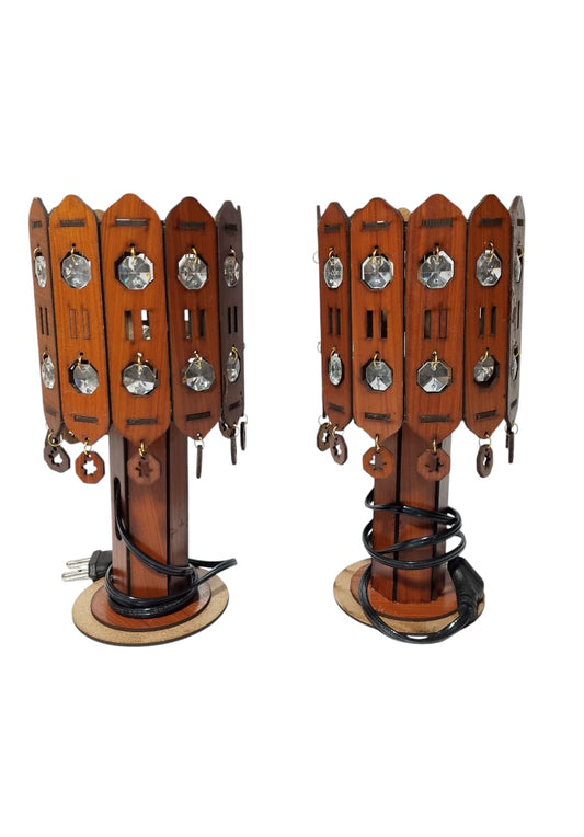 Pair of Handmade Wooden Bedside Lamps | MDF Crystal Night Lamps | Warm Light Bedroom Table Decoration Set
