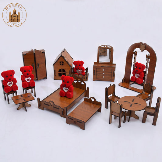 Handmade Wooden Mini Furniture Set for Kids (Bear Family)